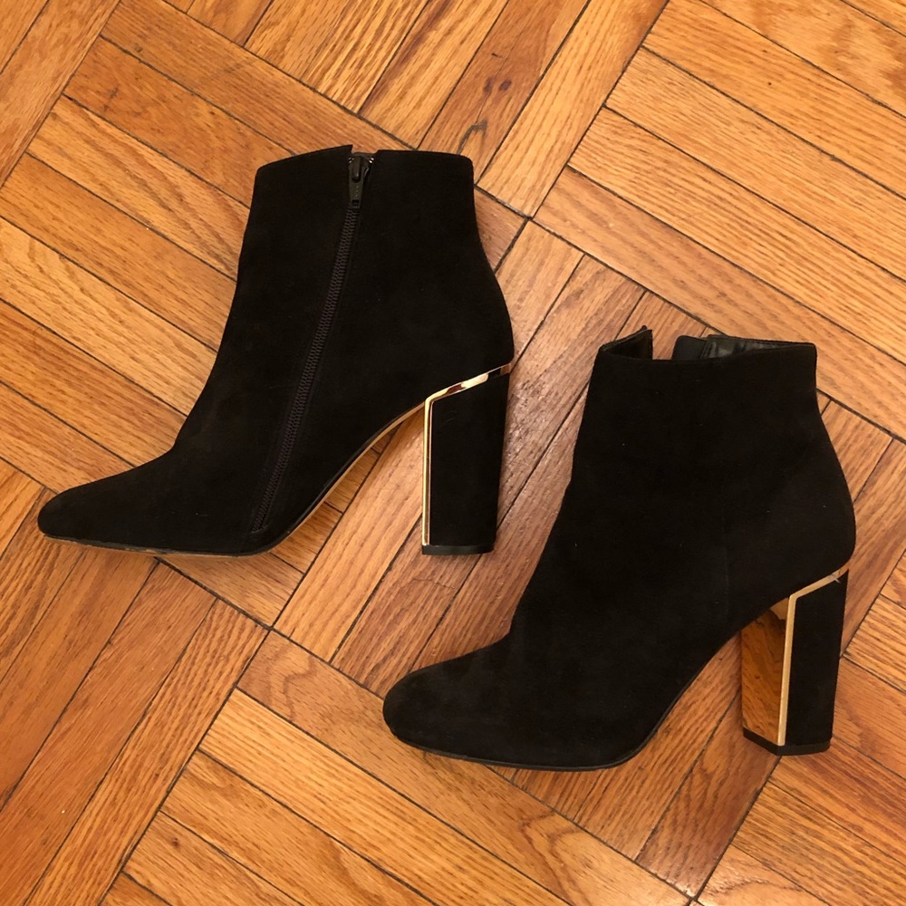 Dune London Black/Gold Suede Ankle Booties